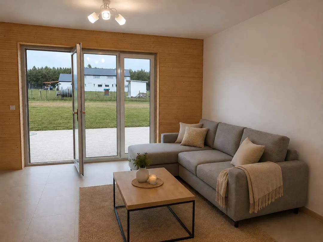 Jasny salon z kanapą i wyjściem na taras w domku Sun Relax